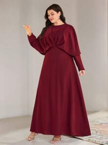 Veilorie Plus Size Women Solid Color Batwing Sleeve Round Neck Elegant Arabic Long Dress - Burgundy - View 7