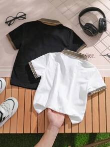 SHEIN Leap Crew Young Boy Casual College Style Flat-Knit Collar Knitted Dual-Logo Printed Polo Shirt 2pcs Set, Suitable For Summer Gathering And Outdoor Wear - Multicolor - View 2