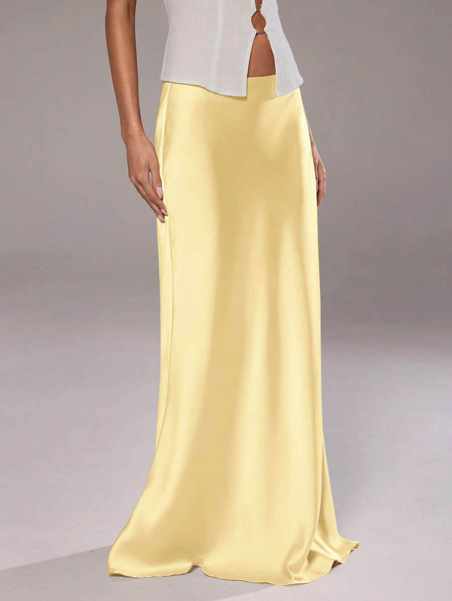 Aloruh 女士纯色优雅超低腰缎面半身裙 - 黃色 - 查看 1