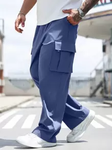 Manfinity Homme Plus Size Men's Casual Solid Color Drawstring Waist Cargo Pants - Baby Blue - View 1