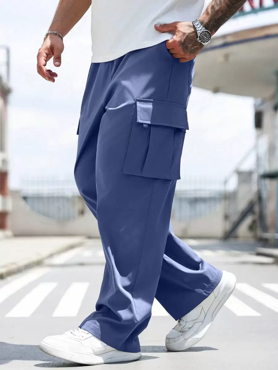 Manfinity Homme Plus Size Men's Casual Solid Color Drawstring Waist Cargo Pants - Baby Blue - View 1