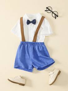 SHEIN 2Pcs/Set Young Boys Gentleman's Style Shirt Collar Bow Tie Decoration Versatile Solid Short Sleeve Top + Elastic Waist Straight Solid Outdoor Casual Shorts