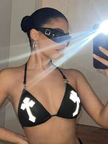 SHEIN ICON 夏季女士俱乐部女士性感音乐会女士深色涂层金属十字架银箔印花金属链带三角杯吊带背心，狂欢上衣 - 黑色 - 查看 1