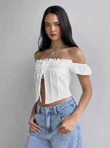 Aloruh Women's White Elegant Summer Vacation Holiday Off Shoulder Short Sleeve Blouse,Minimalist Fashionable Spring Crop Top Business Casual Y2k - White - View 6