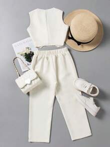 Teen Girls V-Neck Sleeveless Asymmetrical Hem Short Vest & Elastic Waist Solid Color Long Pants 2Pcs Set, Minimalist & Fashionable - Beige - View 2