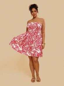 Travachic Tropical Plus Size Casual Vacation Red Floral Print Tube Top Mini Beach Dress,Beach Dress Sundress,Holiday Outfits Boho