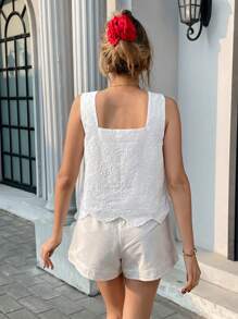 Pariaura Women's Fashionable Embroidery Fringe Square Neck Fitted Tank Top, Lightweight And Comfortable, Spring/Summer - White - View 2