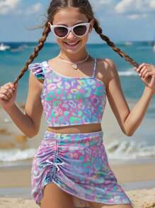 Tween Girl Spring Break Leopard Print Swimwear Bikini Set, Beach Vacation Clothes Outfit - Multicolor - View 1