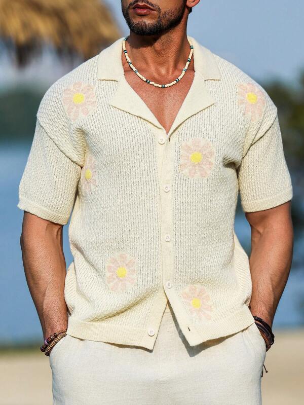 Manfinity Nomadique Top pentru bărbați, ocazional de vacanță, din tricot jacquard, cu mânecă scurtă, cămașă tricotată, cămașă tricotată, bărbați, stil cu nasturi, bărbați