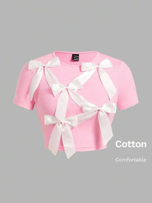 Sweetina Short Sleeve Solid Color Y2K Summer Cute T-Shirt With Bow Decoration