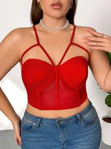 Firerie 优雅办公室女士 OL 大码性感网眼拼接镂空设计吊带背心，适合通勤、工作场所、高端场所、下午茶、约会、音乐表演、派对、INS 热门、节日、新年、派对、优雅办公室仙女上衣 - 紅色 - 查看 5