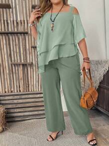 SHEIN Clasi Plus Size Vacation Casual Solid Color Asymmetrical Top & Wide Leg Pants 2 Pieces Set