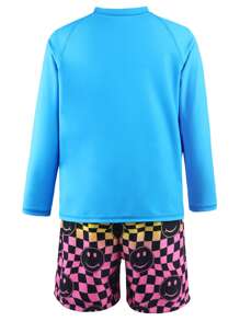 Conjunto de camiseta de manga larga impresa para niños preadolescentes y pantalones cortos de natación impresos en ajedrez degradado en color (impresión de posicionamiento)