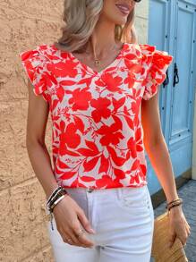 SHEIN Clasi Blouse imprimée fleurs avec petites manches papillon, minimaliste et , convient pour l'été