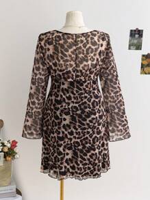SHEIN WYWH 大码女式豹纹印花网眼连衣裙配长袖夹克，两件套