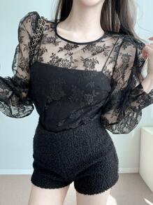DAZY Áo cánh cổ tròn tay dài lưới rộng rãi cho nữ mùa hè - màu đen - Xem 6