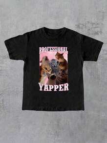 Manfinity Dauomo Camiseta casual de manga corta con cuello redondo y estampado de gato para hombres
