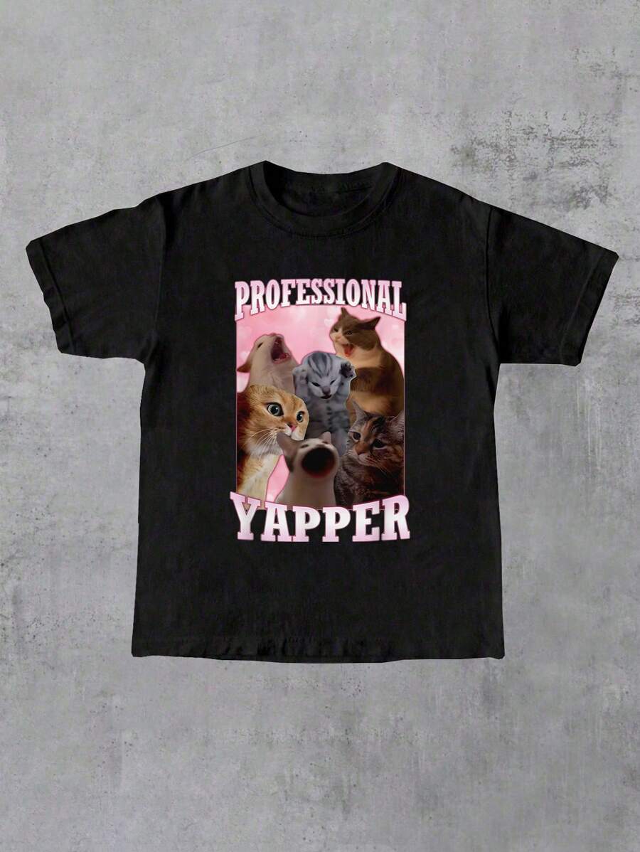 Manfinity Dauomo Camiseta casual de manga corta con cuello redondo y estampado de gato para hombres