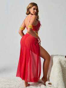 SHEIN Conjunto de 5 piezas de ropa interior sexy para mujer (incluye sujetador con aros, tanga, minifalda, 2 piezas de anillos para la muñeca), atuendo para festivales de música