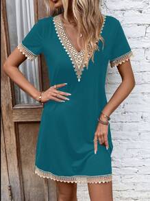 SHEIN LUNE Damen Lässig Kleid mit V-Ausschnitt und Kontrast-Spitzenärmeln