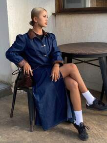 DAZY Damen Denim Kleid mit kontrastfarbigem Kragen, Puffärmeln, Herbstmode für Frauen - Blau - Übersicht 6