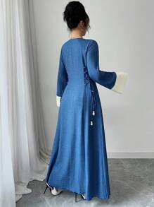 Yasmyna Women's Woven Long Sleeve Dual Color Splice Tie Waist Open Front Arabian Abaya, Modest Robe - Blue - View 2