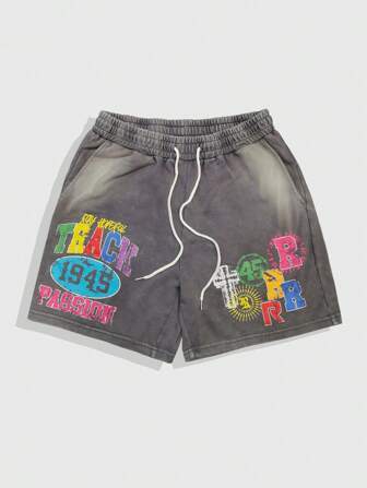 Prep Pantaloncini casual da uomo con vita con coulisse e stampa di numeri e lettere