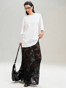 SHEIN EZwear Falda larga negra de encaje sexy de talla grande para mujer, de verano