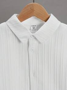 SHEIN 青少年男孩鬆身休閑提花條紋短袖襯衫和短褲套裝 - 白色 - 查看 5