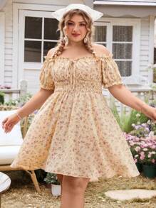 SHEIN VCAY Plus Size Off-Shoulder Short Sleeve Mini Ditsy Floral Dress Summer Wedding Guest Dress Women Dresses For Women Elegant Birthday Dresses For Women Sundress Backless Dress Floral Off The Shoulder Vacation Outfits Woman Beach Spring Boho Rave Outfits Cottagecore Brunch Outfits For Women Fairycore Old Money Tropical Vacation Woman Clothes Tropical Casual Elegant - Multicolor - View 5