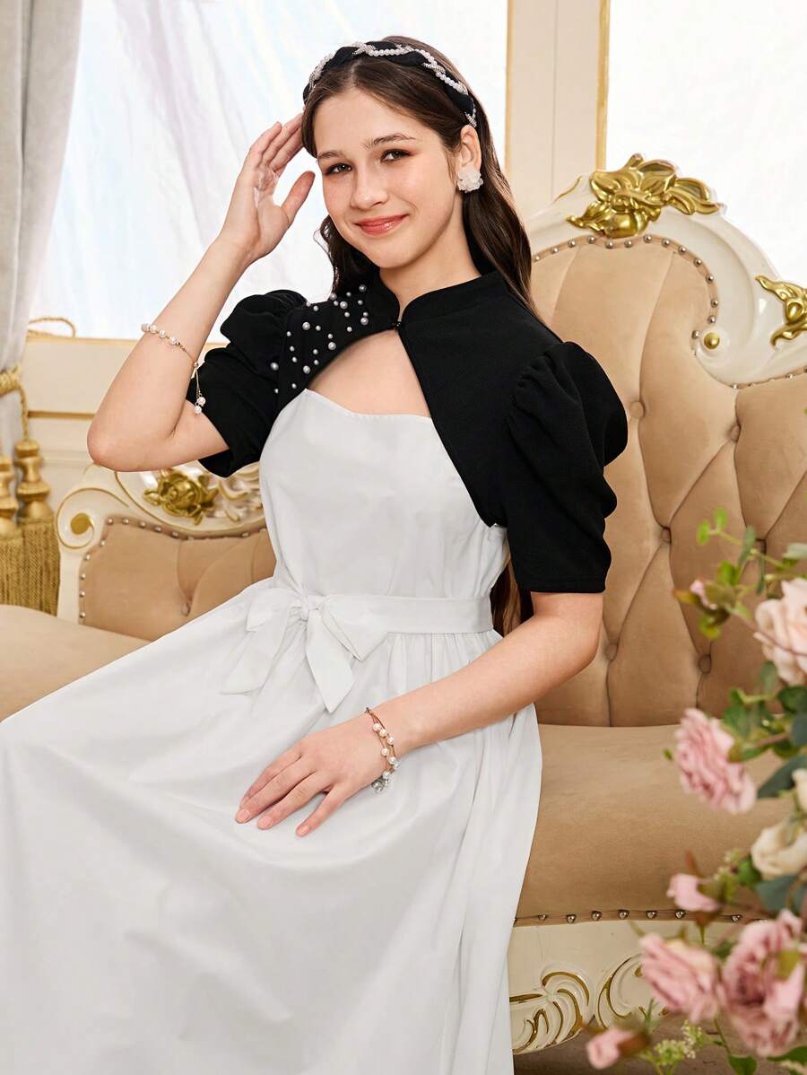 少女优雅黑白经典夏季拼接珍珠羊腿袖腰带短款连衣裙二合一可爱公主风 - 淺藍色 - 查看 1