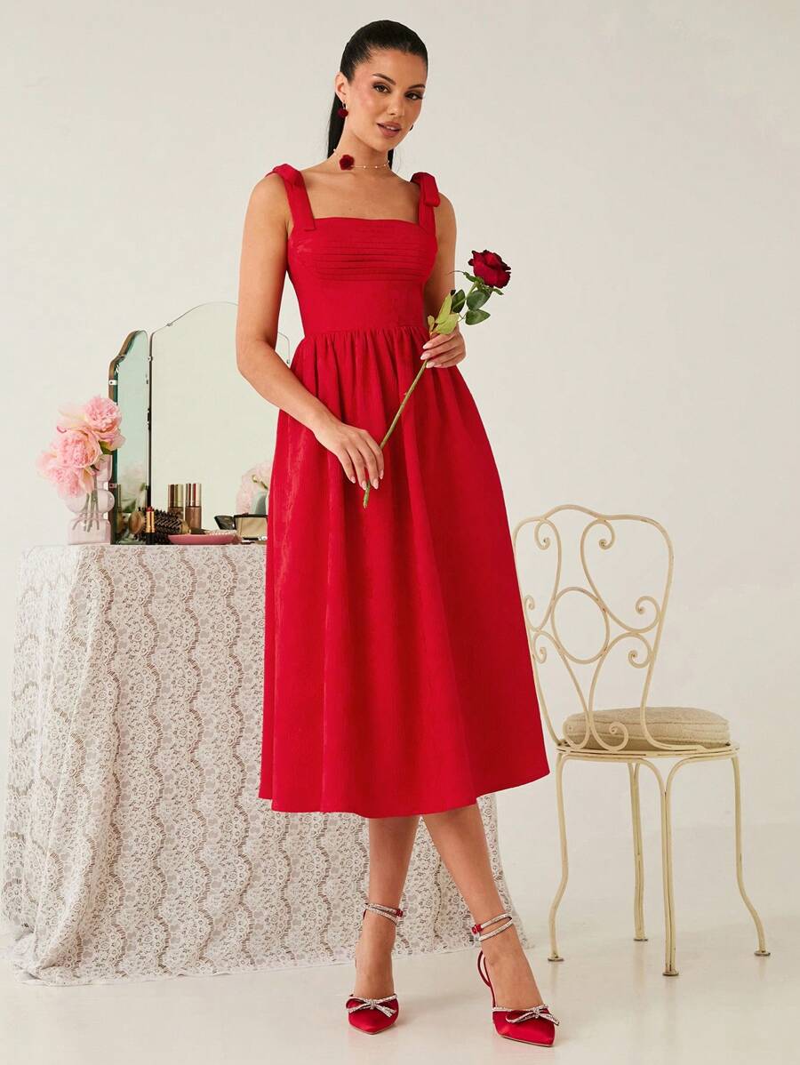 Enchnt Abito elegante da donna, in tinta unita, con vita arricciata - Rosso - Visualizzare 1
