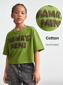 Coolane Kids Tween Girls Spring/Summer Casual Loose Fit Drop Shoulder Crop Crop Top With Letter Embroidery - Green - View 4