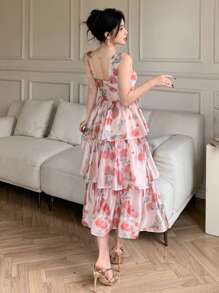 DAZY Vestido midi con cuello en V floral y sin mangas, con volantes, para mujer