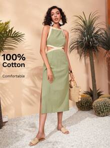 SHEIN VCAY 拼接邊鏤空十字交叉高衩吊帶連衣裙 - 薄荷綠 - 查看 1