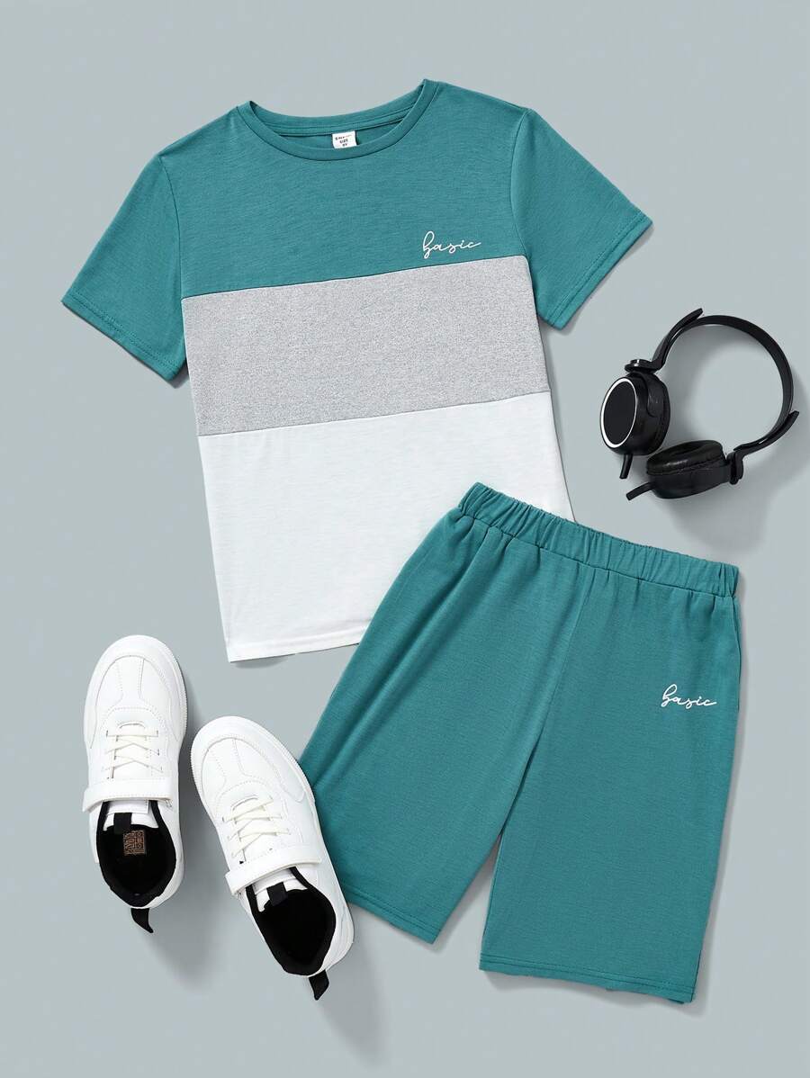 SHEIN Tween Boys' Casual Comfortable Color Block Round Neck Short Sleeve T-Shirt With Letter Print Shorts 2pcs/Set