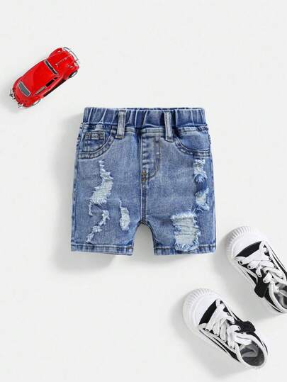 SHEIN Pantalones cortos vaqueros azules ajustados, rasgados y desgastados para bebé niño, uso casual de verano, primavera y vacaciones de primavera