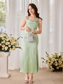 SHEIN Girlism 优雅荷叶边领口无袖开衩连衣裙，适合少女、婚礼/婚礼嘉宾/花童，薄荷绿 - 薄荷綠 - 查看 8