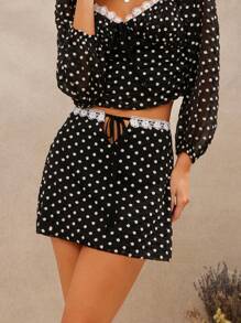 WESTFADE Western Spring Ditsy Floral Embroidered Chiffon & Lace Bow Tie Cut Out Mini Summer Beach Vacation Skirt - Black - View 1