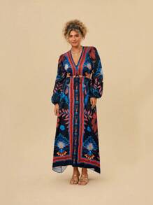 Travachic Plus Size Floral Print Waist Cutout Lantern Sleeve Dress, Suitable For Vacation - Multicolor - View 5