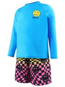 Conjunto de camiseta de manga larga impresa para niños preadolescentes y pantalones cortos de natación impresos en ajedrez degradado en color (impresión de posicionamiento)