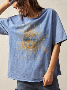 Bohemela Boho-Western-Stil Unifarben gestricktes Muster Rundhals kurzärmelig luftige Damen T-Shirt, Frühling/Sommer