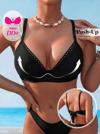 Swim DD+ Top de traje de baño de una pieza para mujer talla grande, de unicolor, con aros internos, flecos de encaje y tirantes finos con espalda descubierta