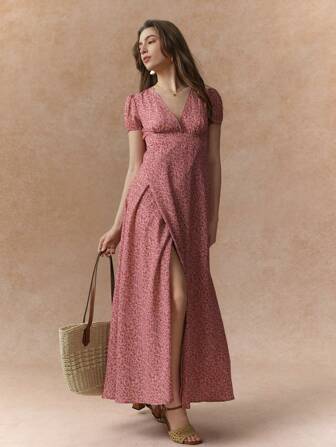 Écloséra 经典及膝连衣裙，法式V领碎花裹身裙