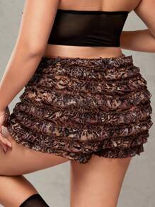 SHEIN ICON 加大码豹纹多层荷叶边超短裤，性感音乐节