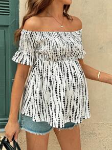 SHEIN Maternity T-Shirt With Off Shoulder, Cable Knit Top, Ruffle Striped Hem Summer Clothes Women Tops - Multicolor - View 4