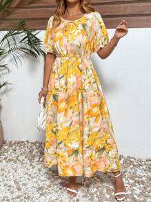 SHEIN Clasi 大码女式彩色花卉印花雪纺半透明中长连衣裙，优雅浪漫休闲街头服饰，春夏女式连衣裙，女式夏季连衣裙