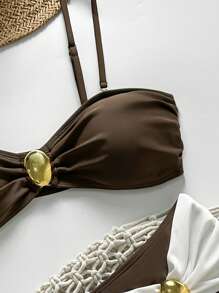 SHEIN Swim Women's Sexy Color Blocking Metallic Swimwear High-Waist Padded Bikini For Summer Beach Vacation - Brown - View 6