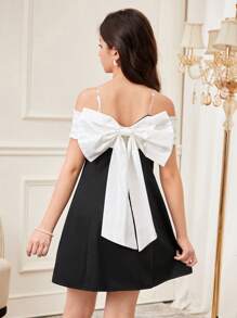 SHEIN Serisse Kids Tween Girls Solid Contrast Off Shoulder Strap Bow Decor Elegant Commute Dress, Fashionable French Style Graceful Dress, Back To School, Suitable For Prom, Birthday Party