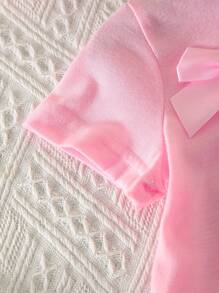 SHEIN 2pcs/Set Young Girl Casual Cute Daily Wear, Round Neck Short Sleeve Cropped T-Shirt With 3D Bow Decor And Elastic Waist Shorts - Pink - View 7